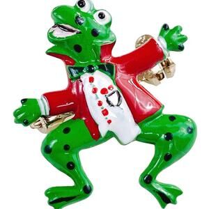 Vintage 70s 80s Enamel Frog Brooch Tuxedo Figural Pin Whimsical Korea Animal
